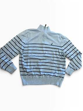 Nautica Men’s Large Blue Striped Cotton Zip Turtleneck Sweater